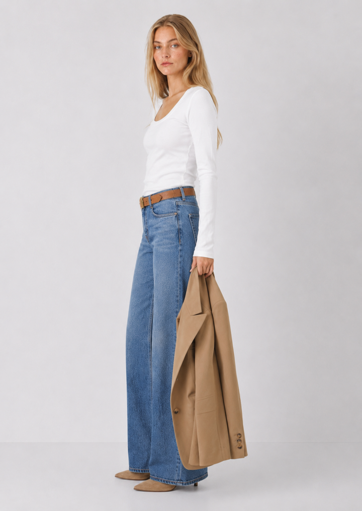 Ribbed Cotton Scoop Neck Long Sleeve Top