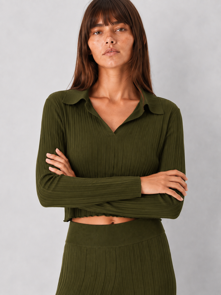 Elan Margot Ribbed Knit Polo Top