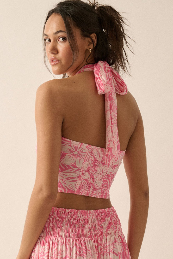 Floral Crisscross-Strap Cropped Halter Top