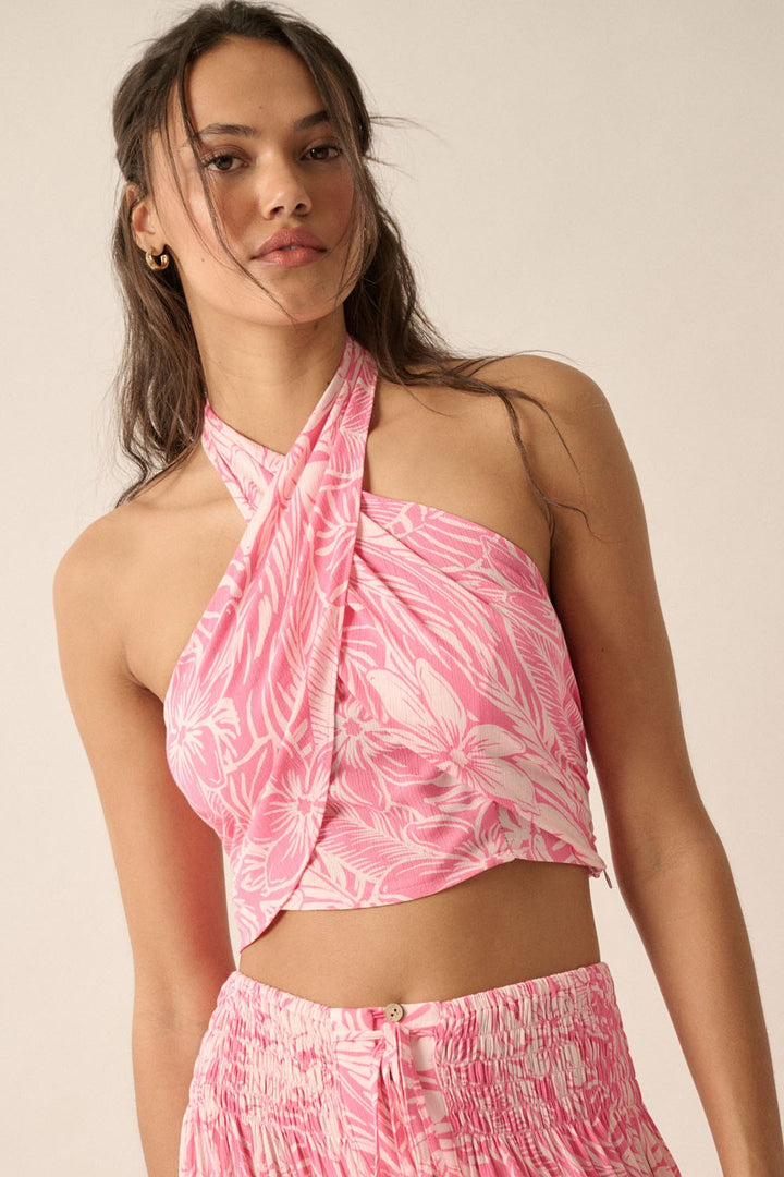 Floral Crisscross-Strap Cropped Halter Top