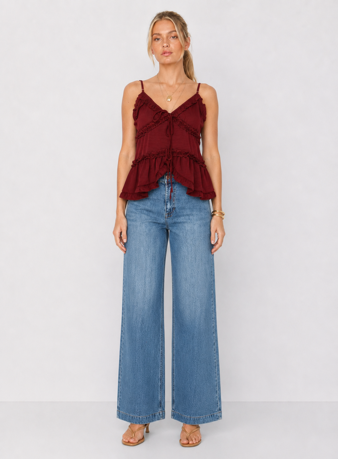 Tiered Tie Front Ruffle Detail Sleeveless Top