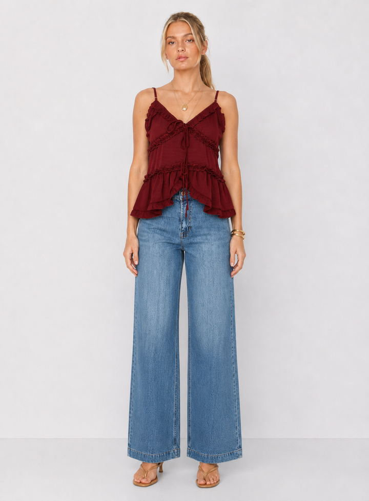 Tiered Tie Front Ruffle Detail Sleeveless Top