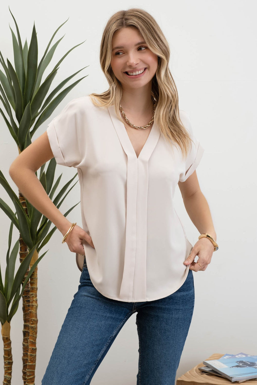 V Neck Collar Roll Up Sleeve Blouse