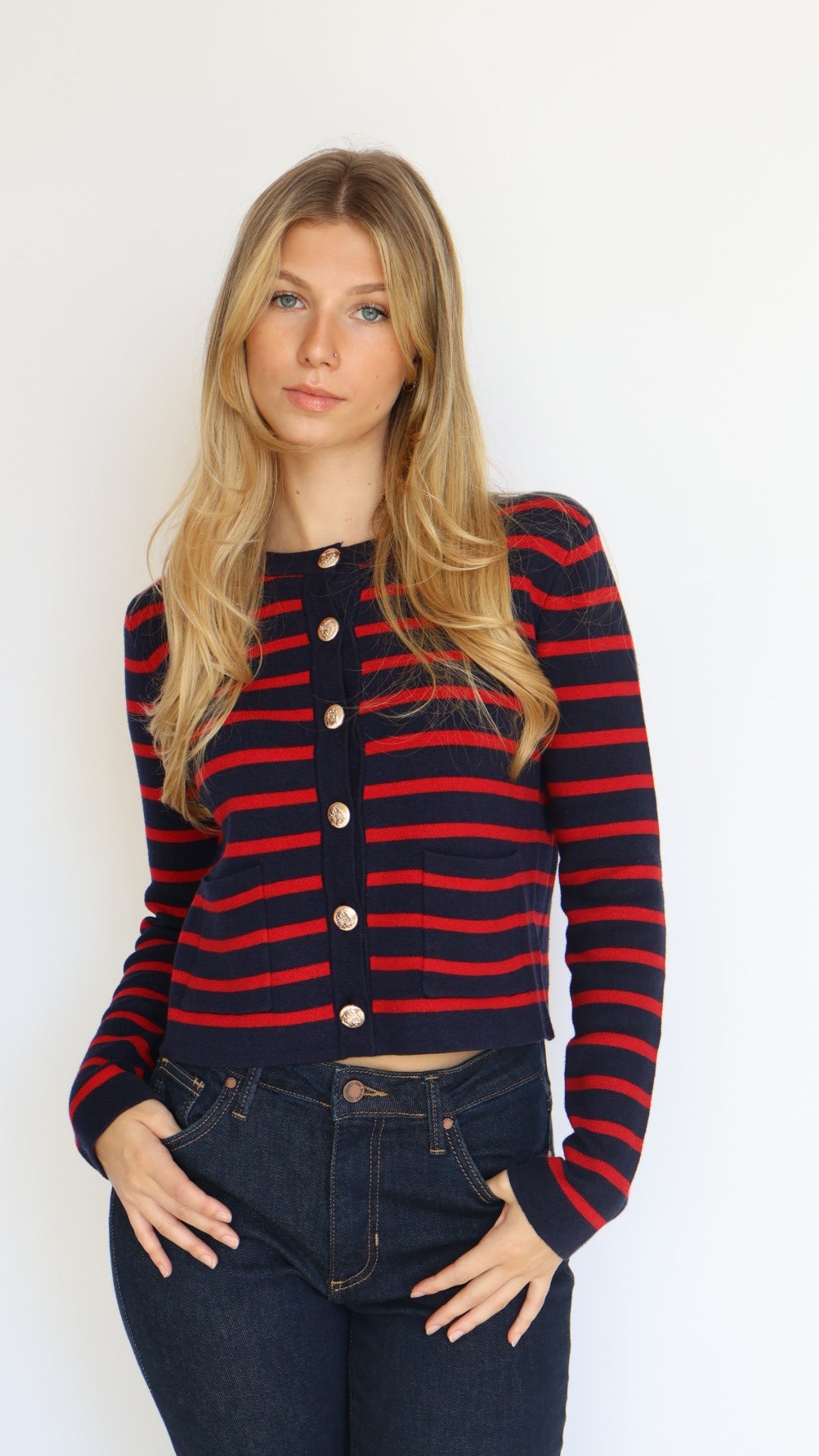 Red & Navy Striped Crewneck Cardigan