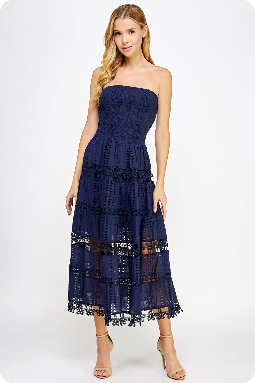 Eyelet Smocked Top Strapless Maxi Dress