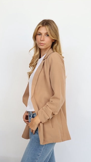 3/4 Ruched Sleeve Open Blazer