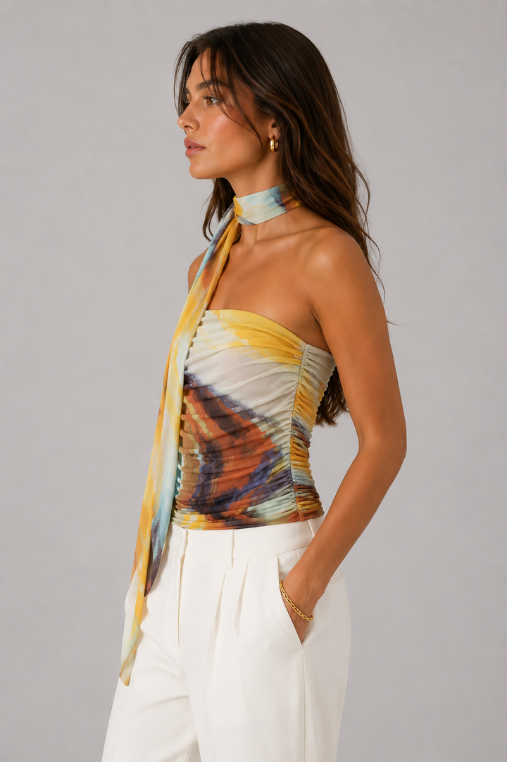 One-Shoulder Ruched Top with Tie Detail - Yellow