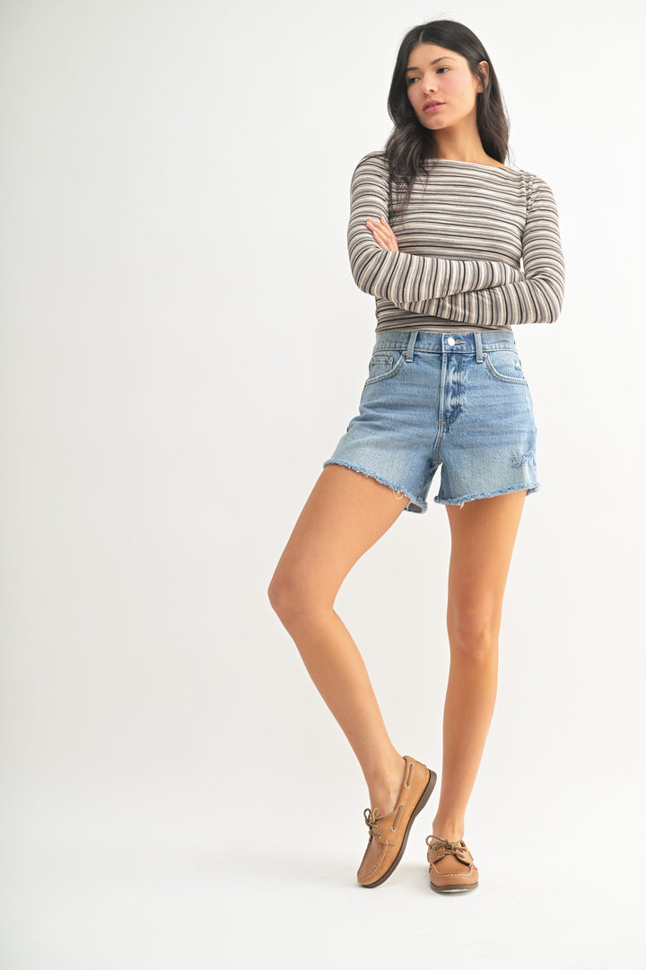 Just Black Ridged Denim Fray Shorts