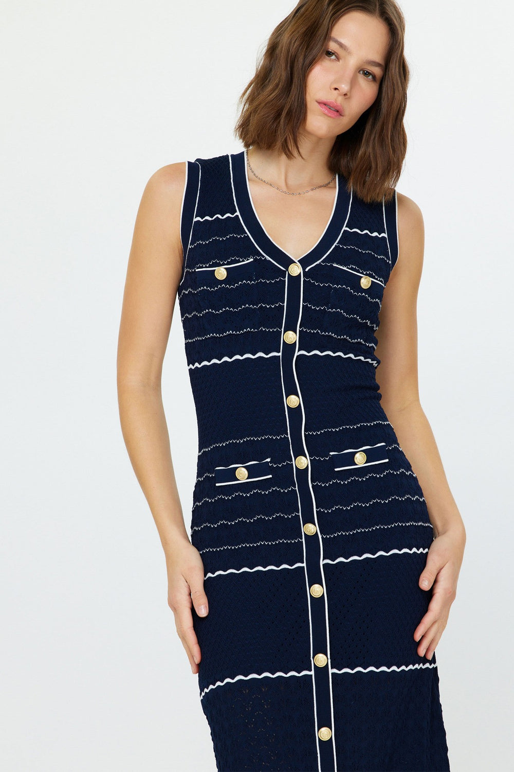 Stripped Gold Button Sleeveless Knit Midi Dress