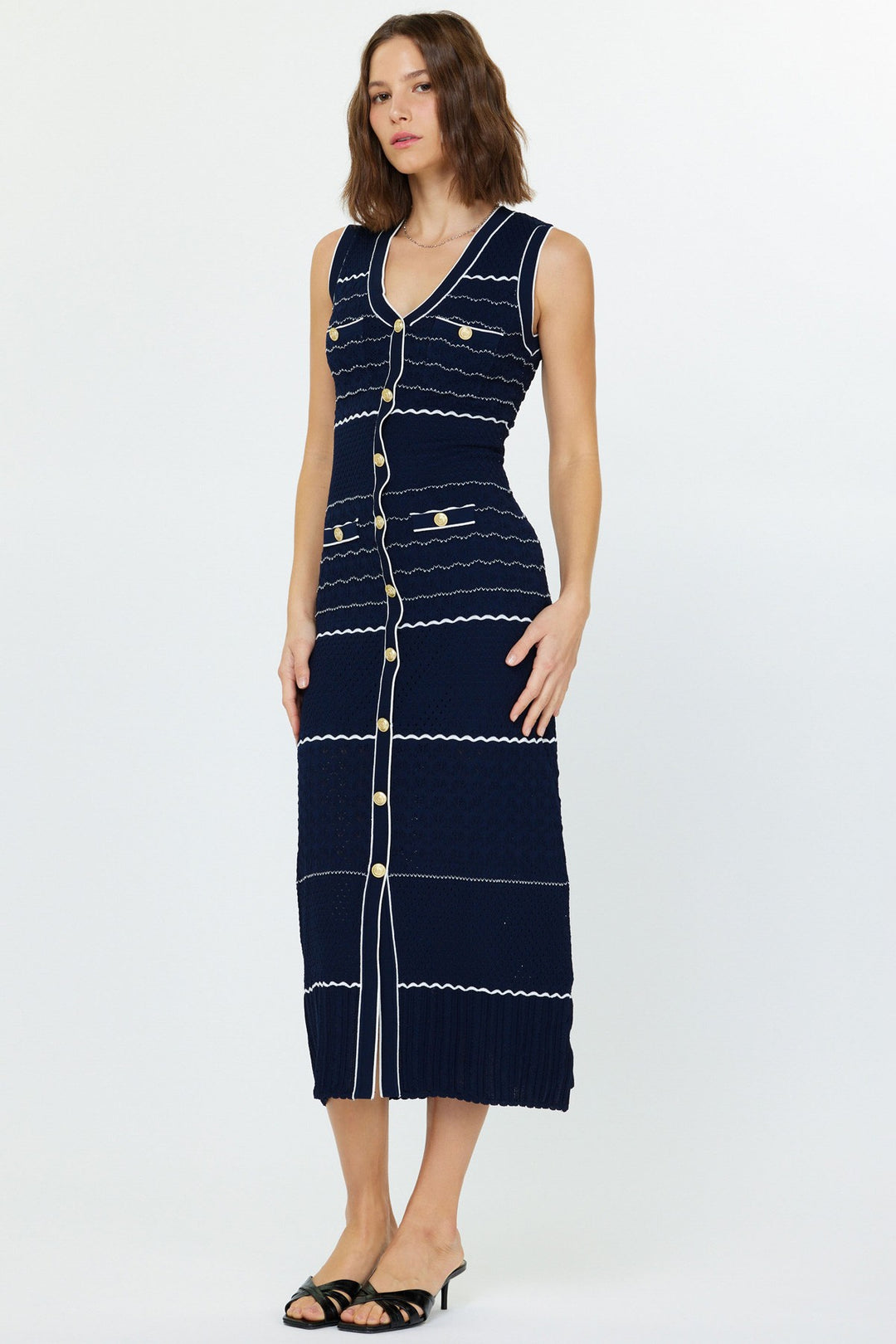 Stripped Gold Button Sleeveless Knit Midi Dress