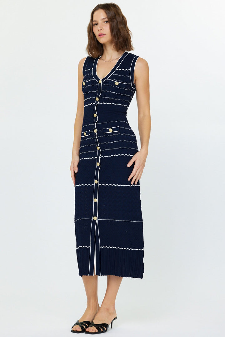 Stripped Gold Button Sleeveless Knit Midi Dress