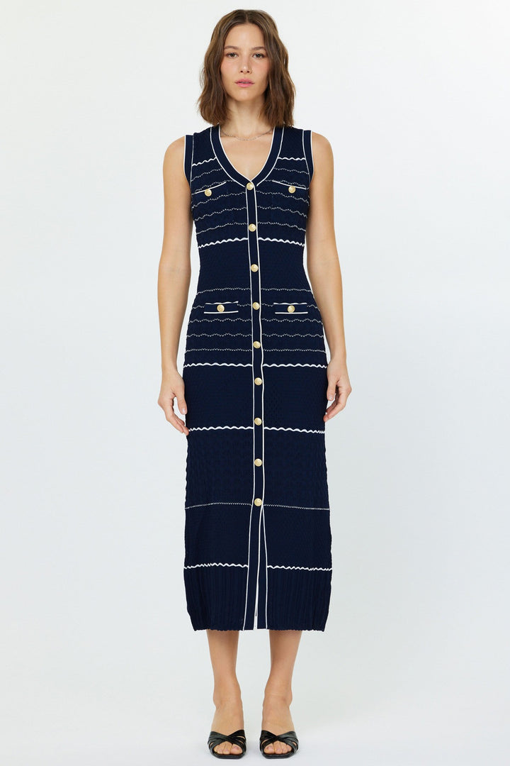 Stripped Gold Button Sleeveless Knit Midi Dress