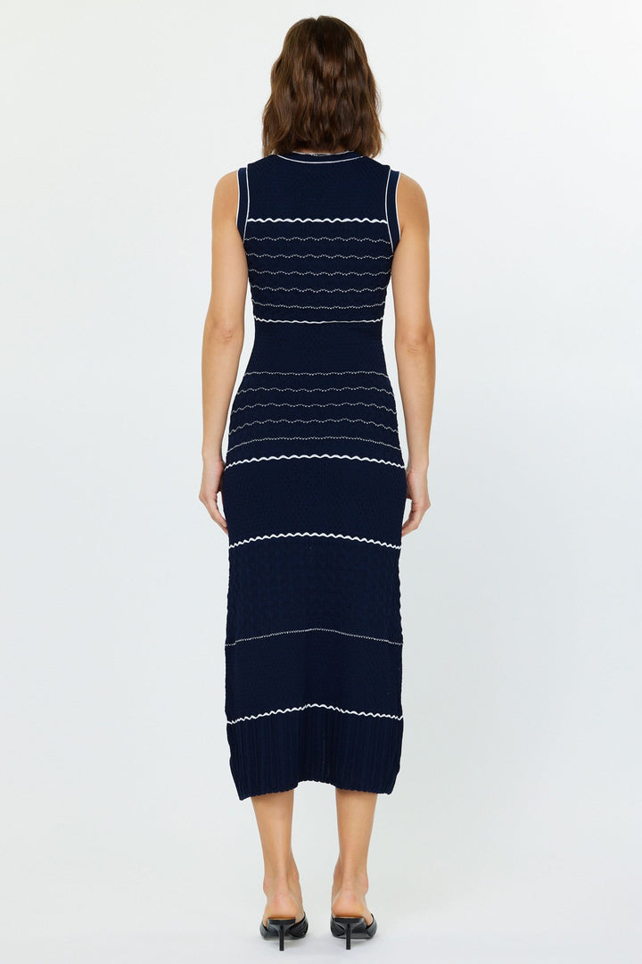 Stripped Gold Button Sleeveless Knit Midi Dress