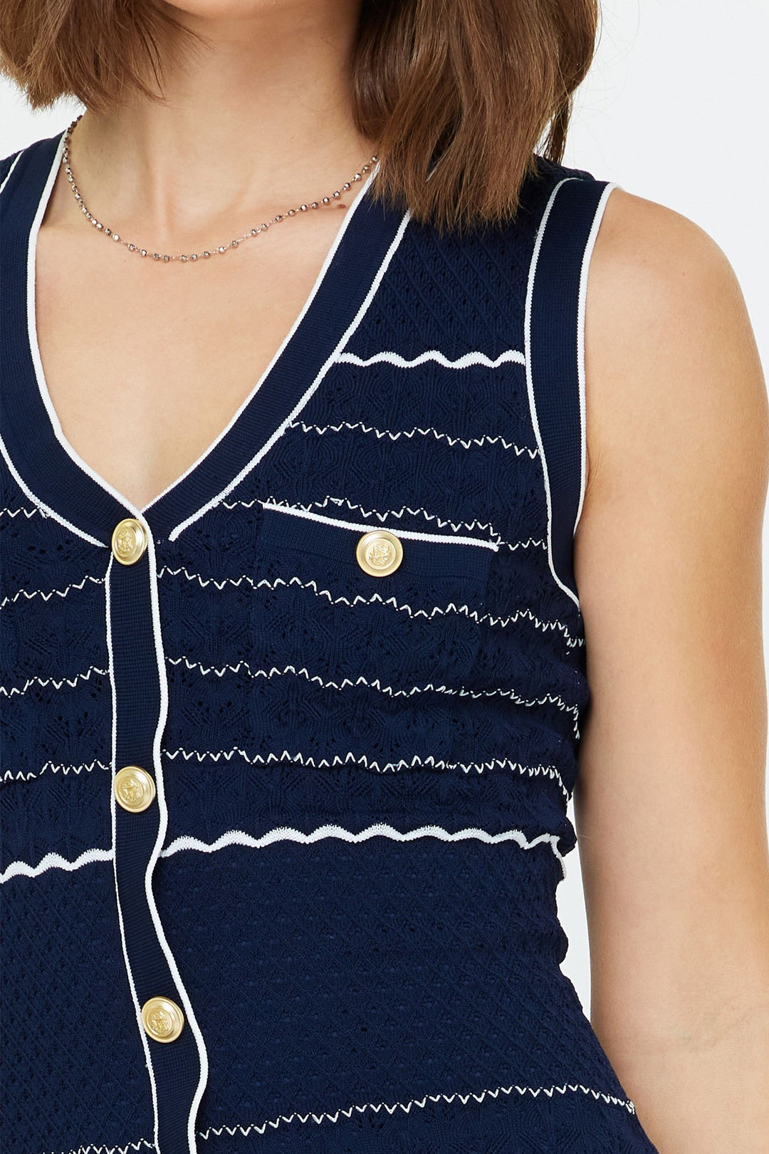 Stripped Gold Button Sleeveless Knit Midi Dress