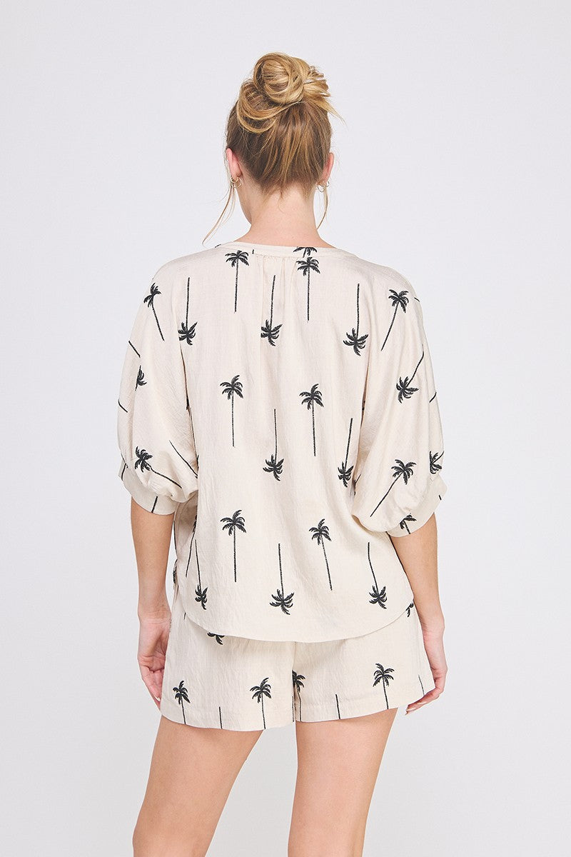 Embroidered Palm Tree Elastic Tie Waist Shorts