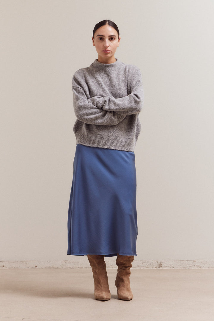 Blue Satin Midi Skirt