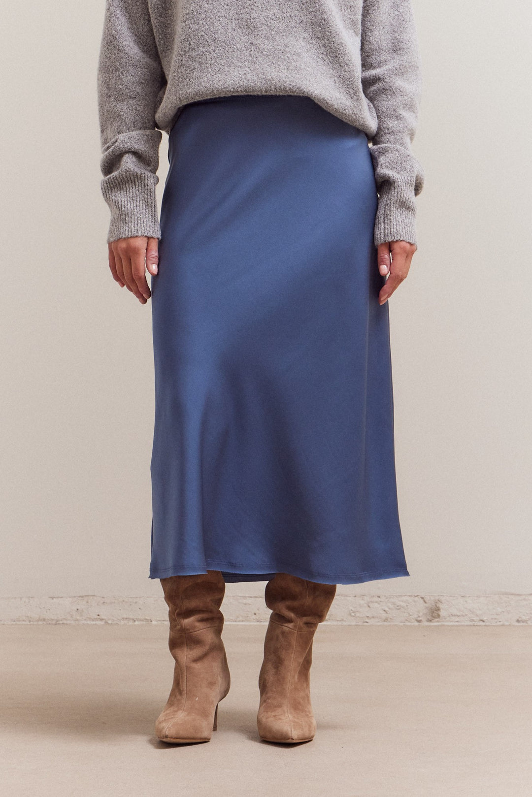 Blue Satin Midi Skirt