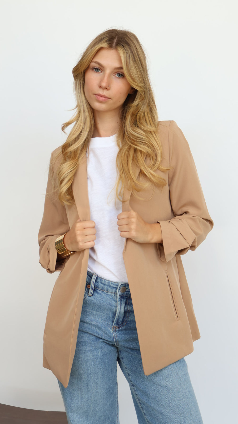 3/4 Ruched Sleeve Open Blazer