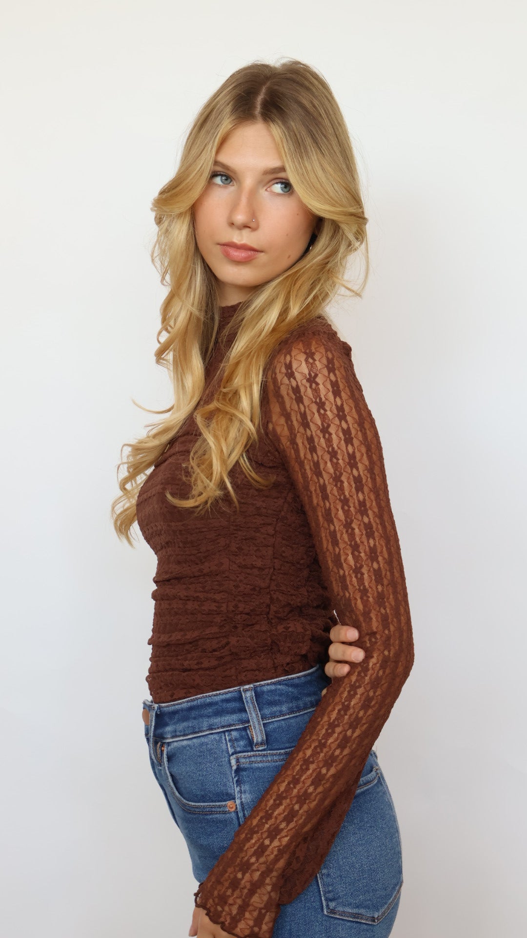 Lace Ruched Mock Neck Bodysuit