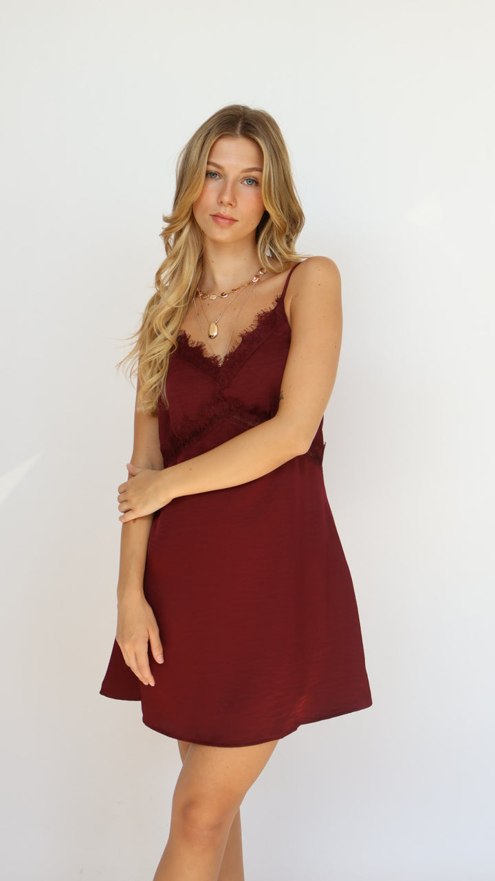 Satin Slip Mini Dress with Lace Trim