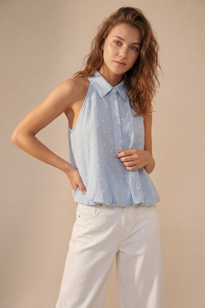 Polka Dot Embroidered Button Top