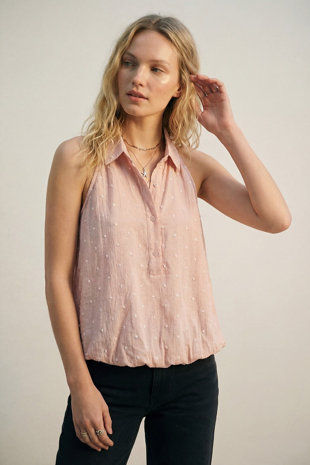 Polka Dot Embroidered Button Top