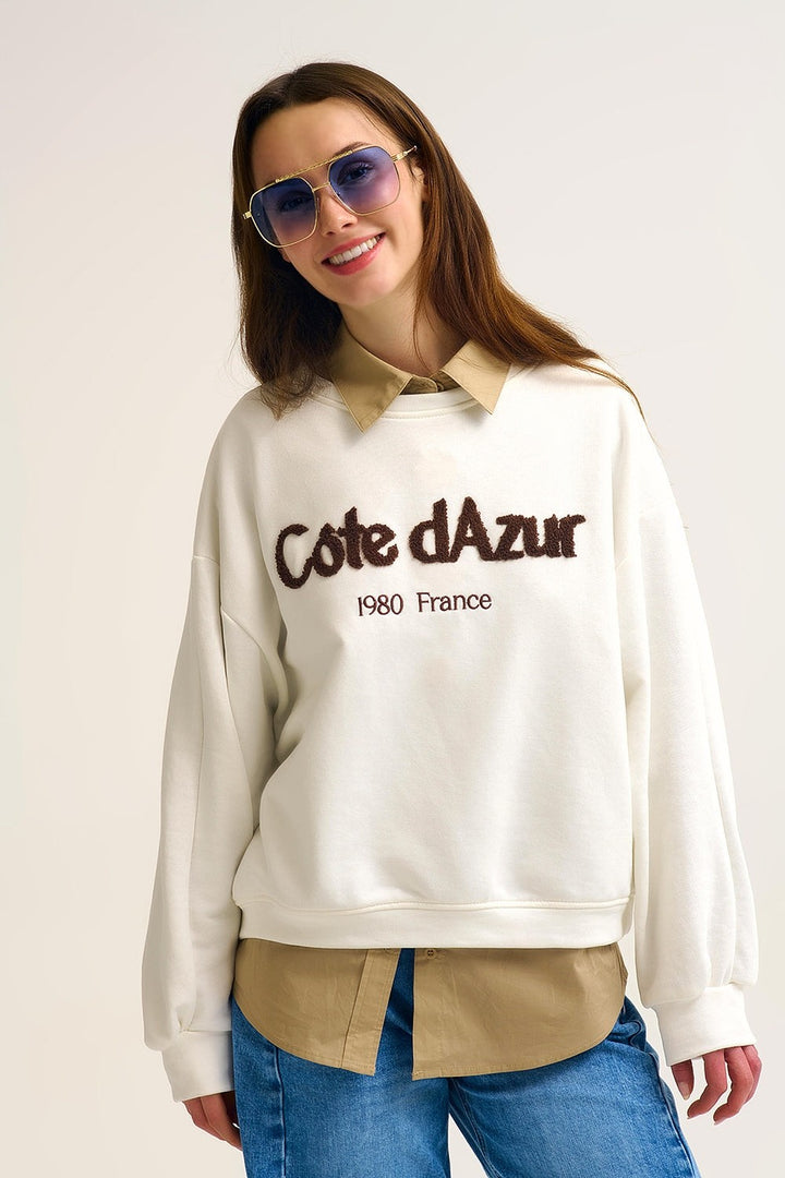 Côte D'azur Embroidered Cream Sweatshirt
