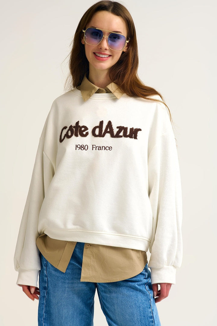 Côte D'azur Embroidered Cream Sweatshirt