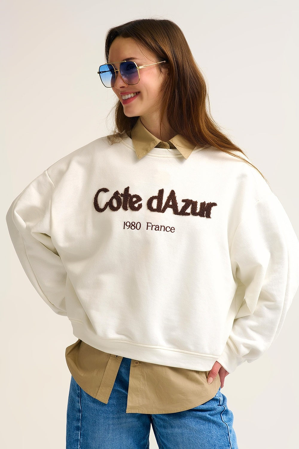 Côte D'azur Embroidered Cream Sweatshirt
