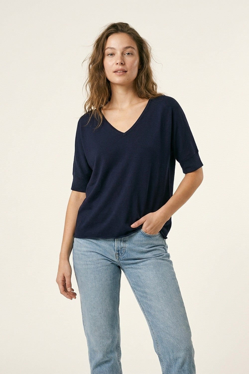V-neck Short Sleeve Knit Top