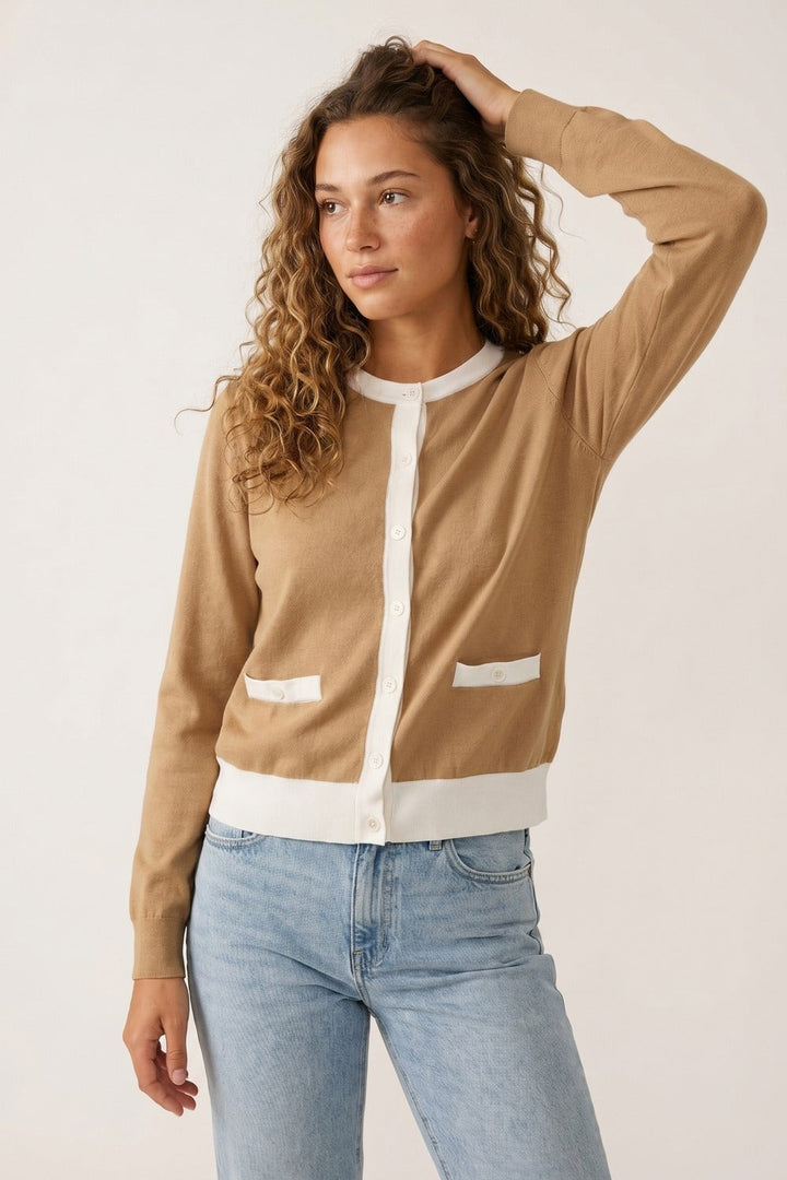Contrast Trim Classic Button Cardigan