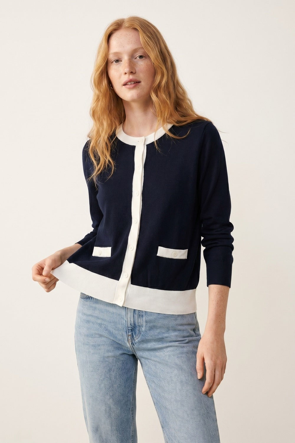 Contrast Trim Classic Button Cardigan