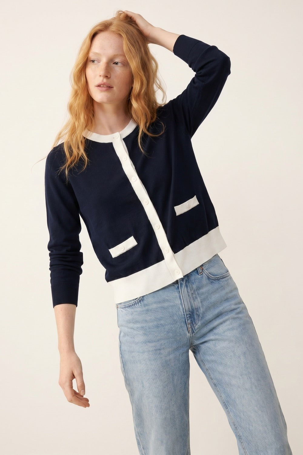 Contrast Trim Classic Button Cardigan