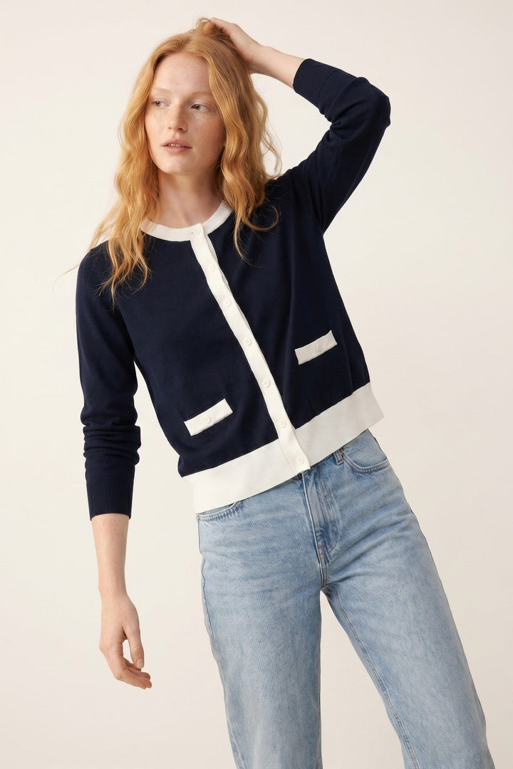 Contrast Trim Classic Button Cardigan