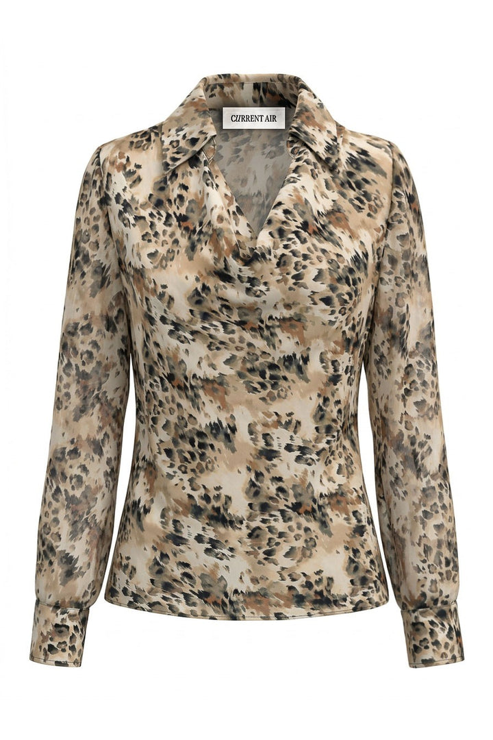 Leopard Printed Cowl Neck Collared Blouse
