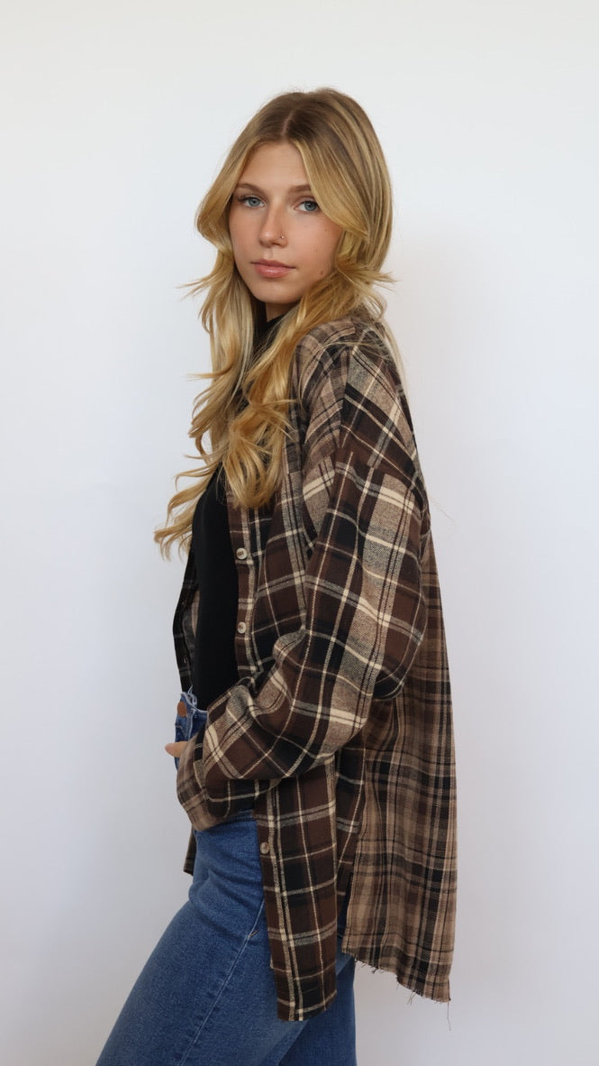 Brown Plaid Flannel Button Down Top