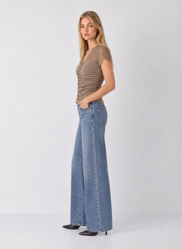 Ruched Knit Lace V-Neck Top