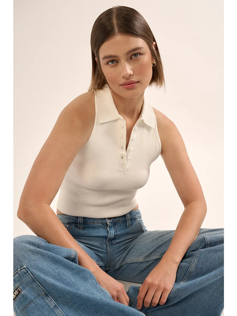 Cropped Collared Ribbed Top