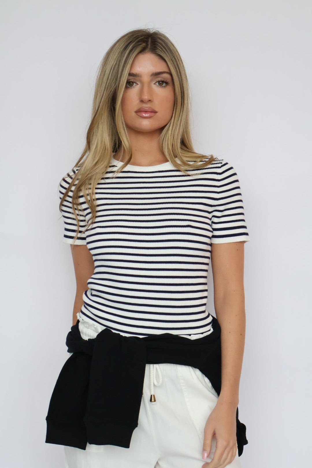 Fitted Ribbed Knit Stripe T-Shirt