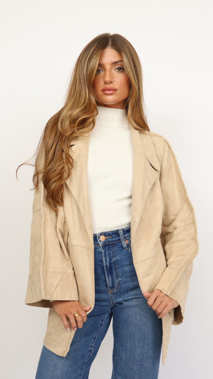 Faux Suede Belted Mid Length Trench Coat