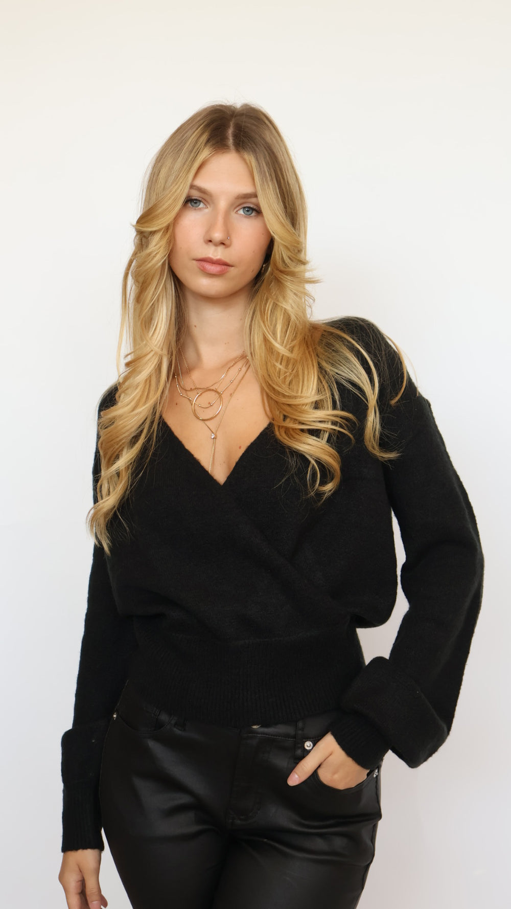 Cross Front Banded V-Neck Sweater