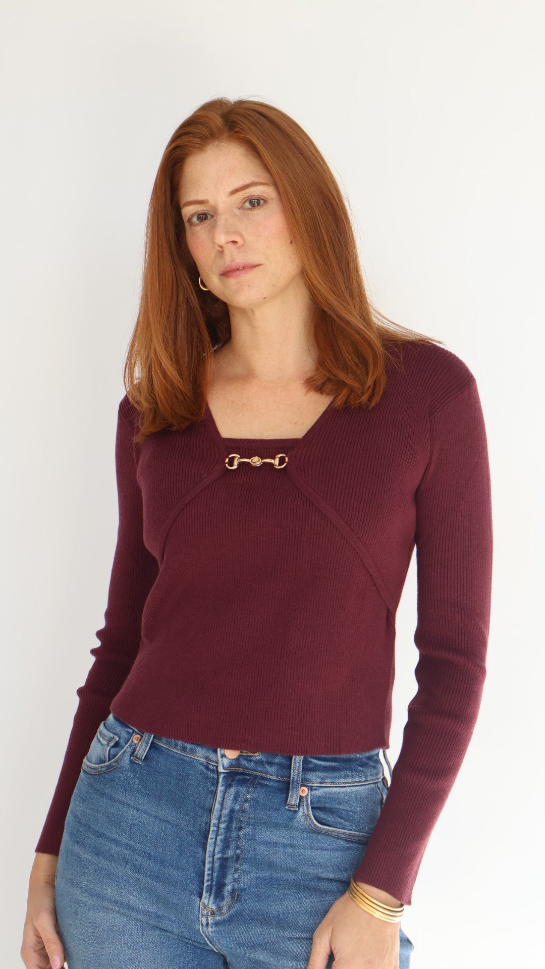 Long Sleeve Buckle Detail V Neck Top