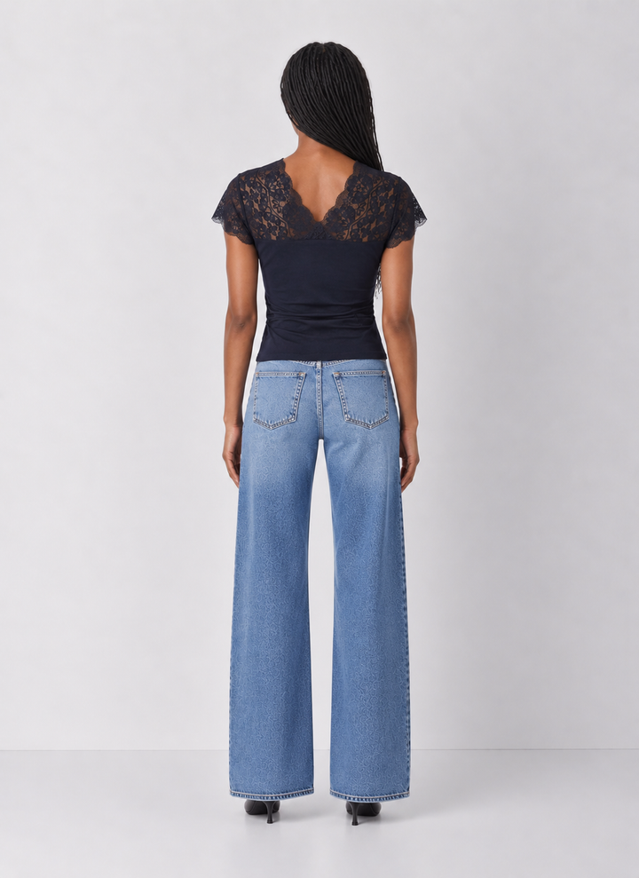 Ruched Knit Lace V-Neck Top