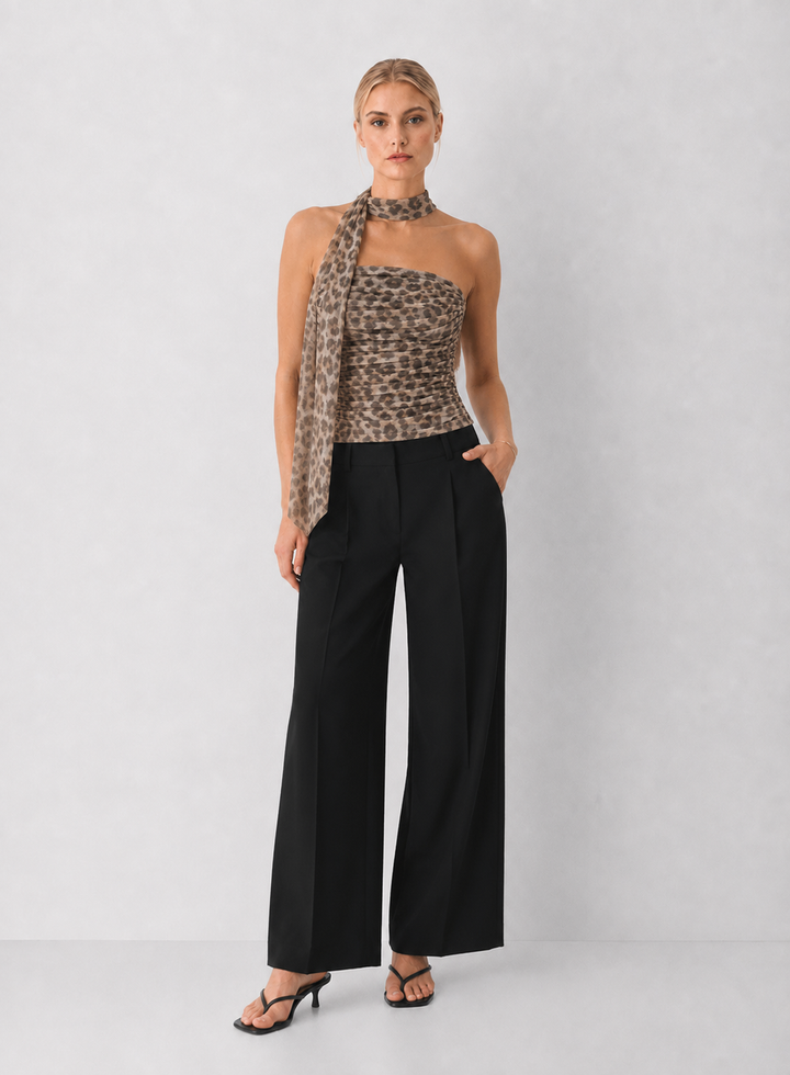 Ruched Tube Top with Tie Detail - Leopard