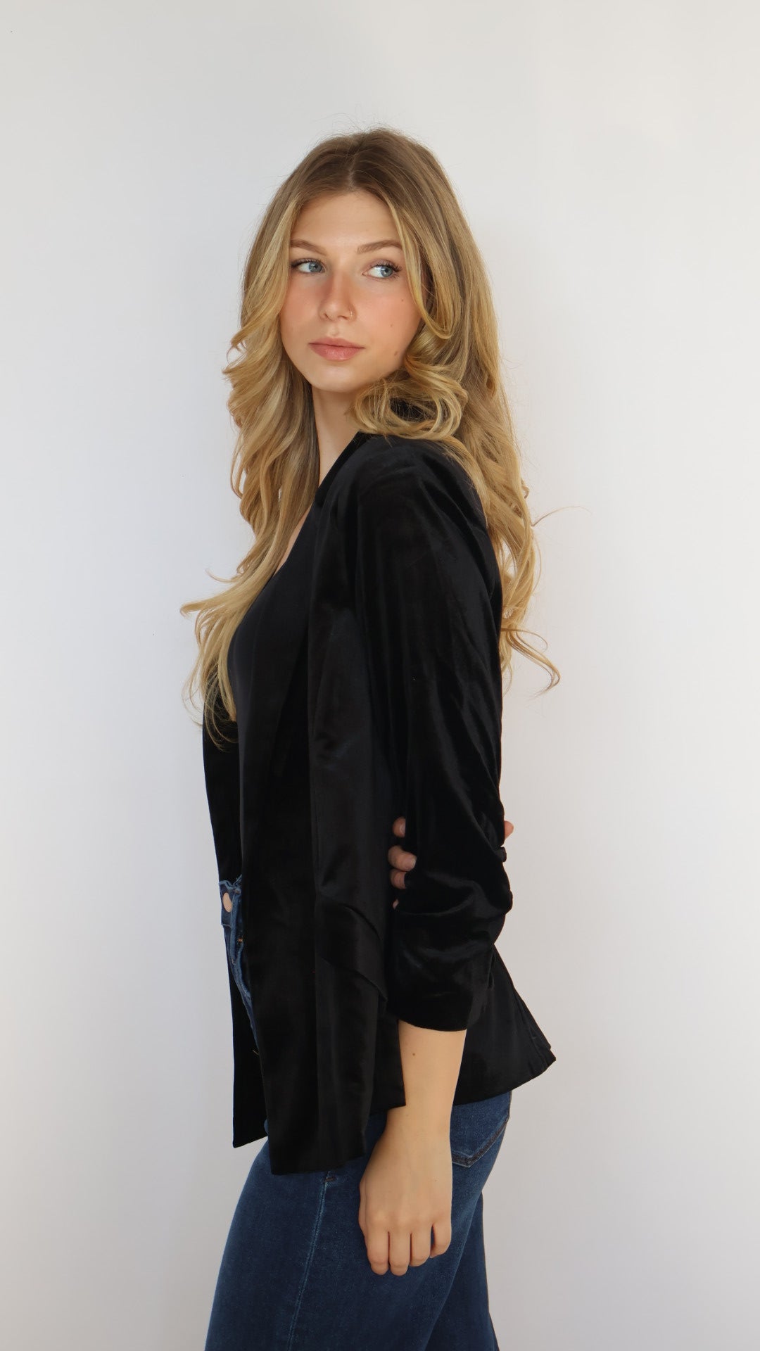 Ruched Sleeve Velvet Blazer