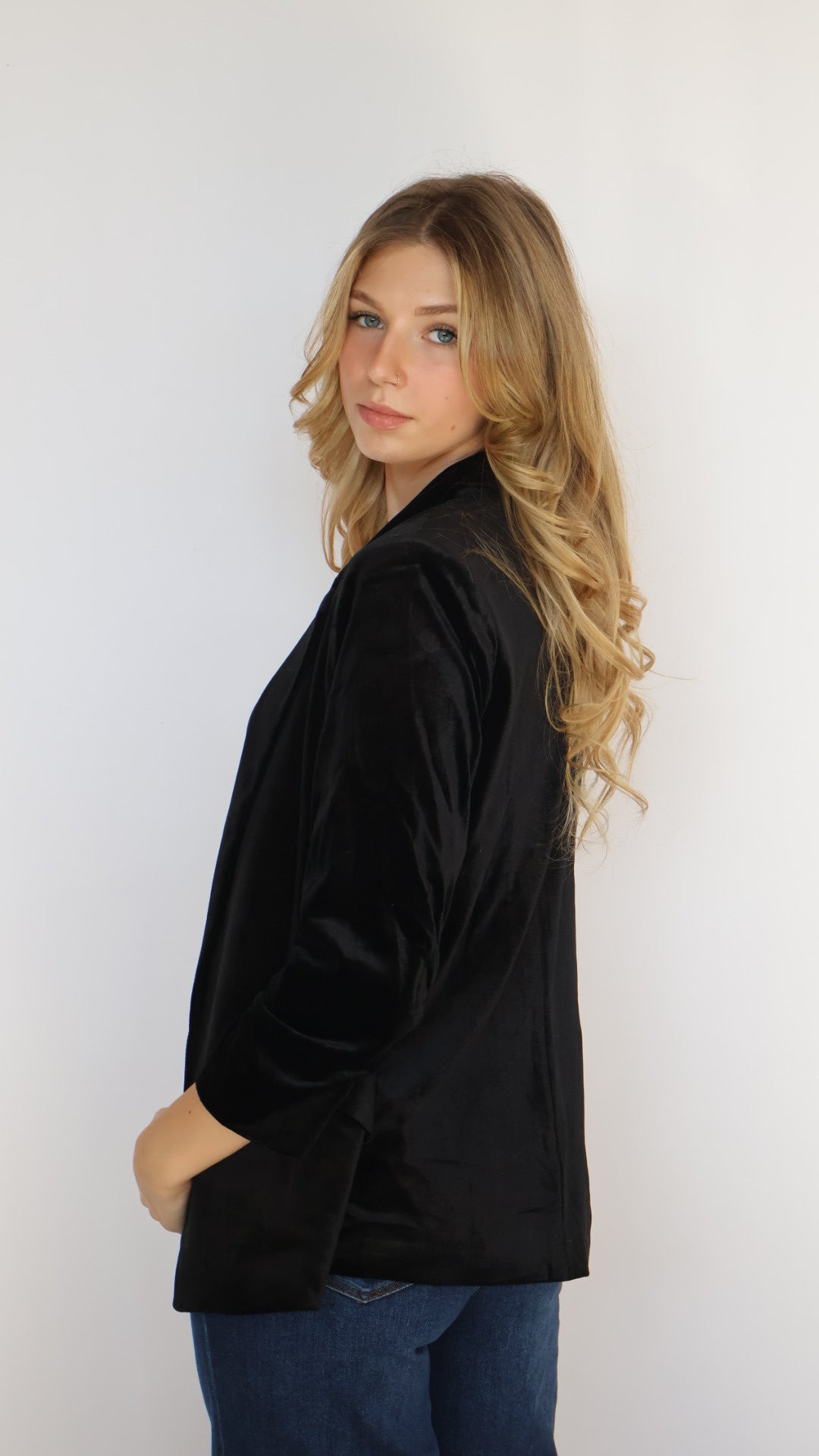 Ruched Sleeve Velvet Blazer