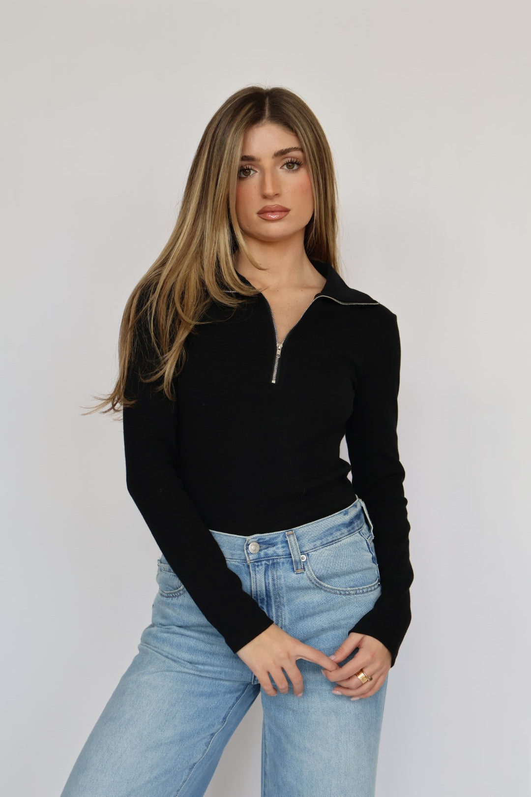 BEST SELLER : Loren Ribbed Cotton Zip Long Sleeve Top 40% OFF IN CART