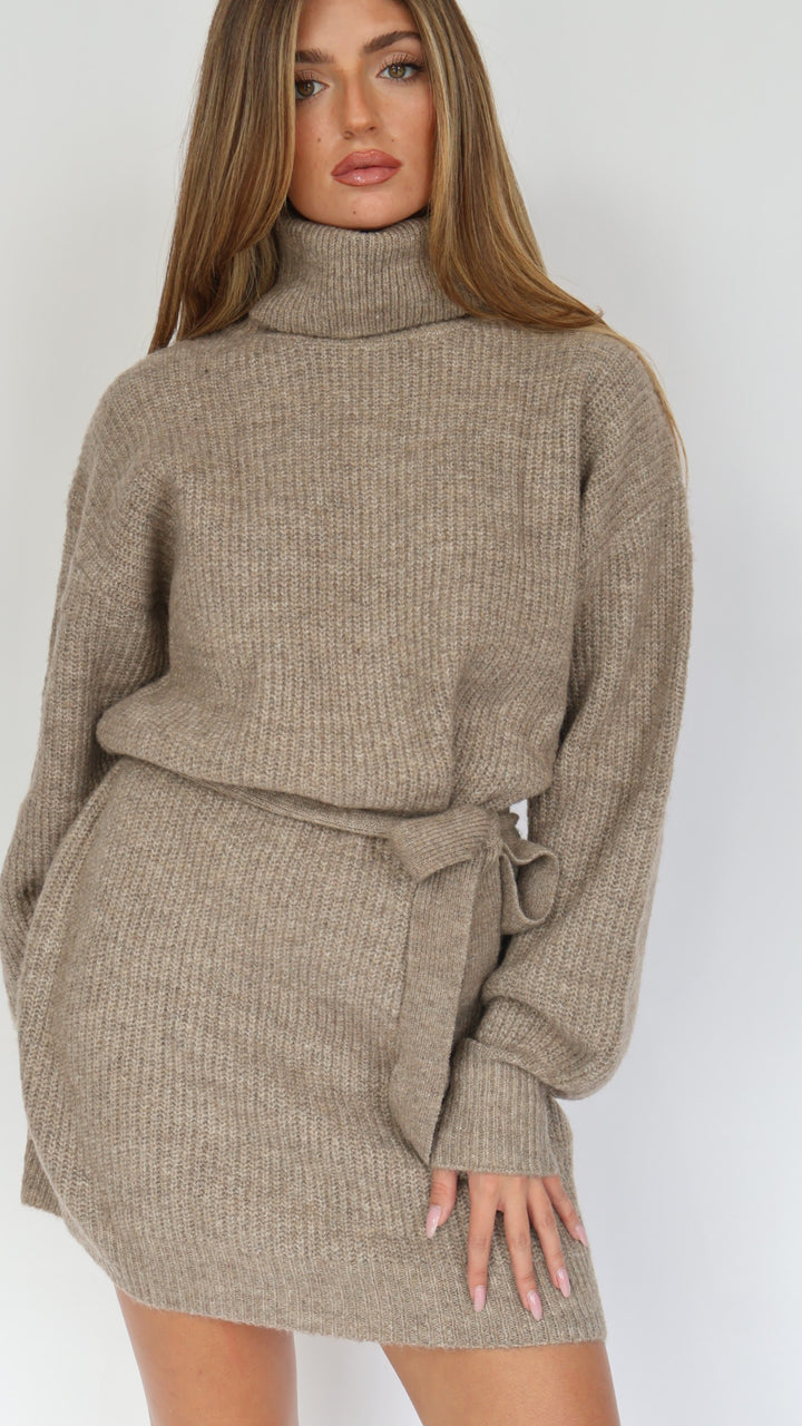 Turtleneck Sweater Mini Dress with Tie Waist