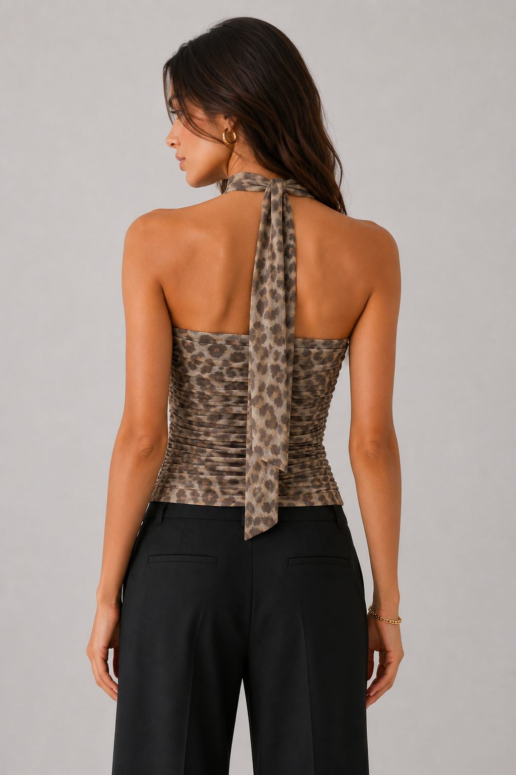One-Shoulder Ruched Top with Tie Detail - Leopard