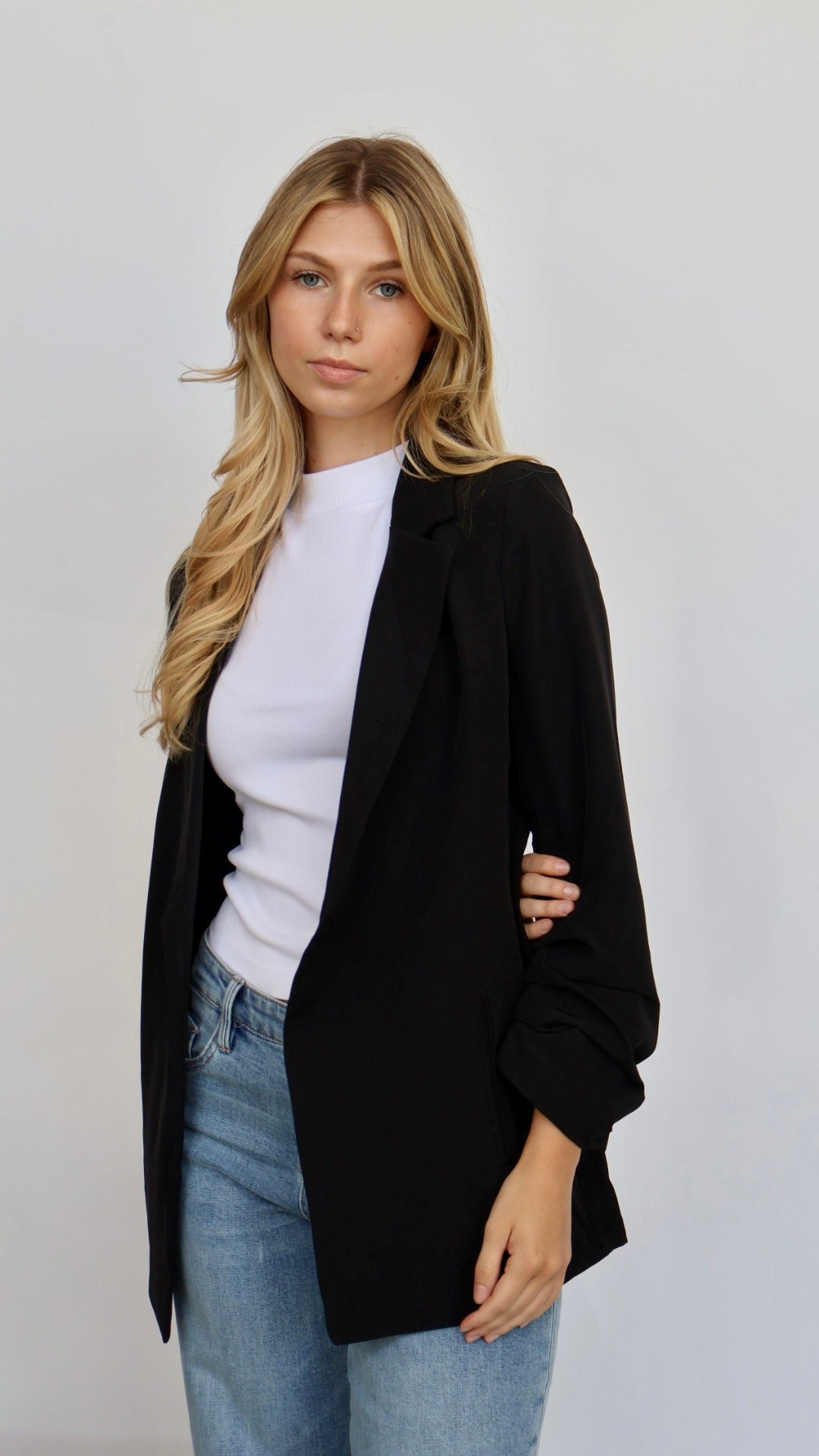 3/4 Ruched Sleeve Open Blazer